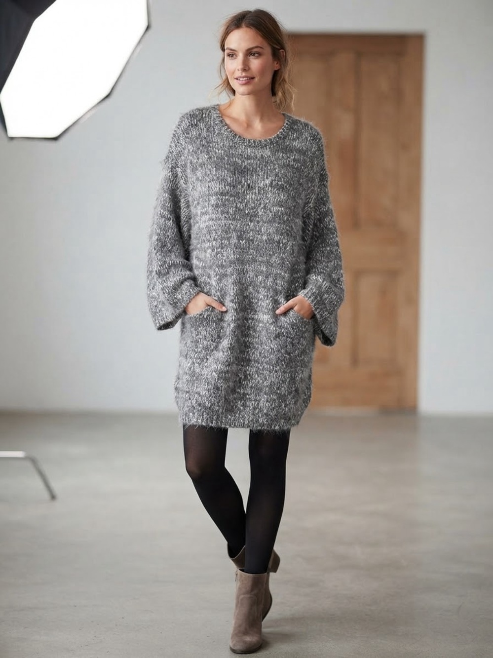 ELLIATT Oversized Marled Grey Mohair-Blend Sweater Dress with Pockets